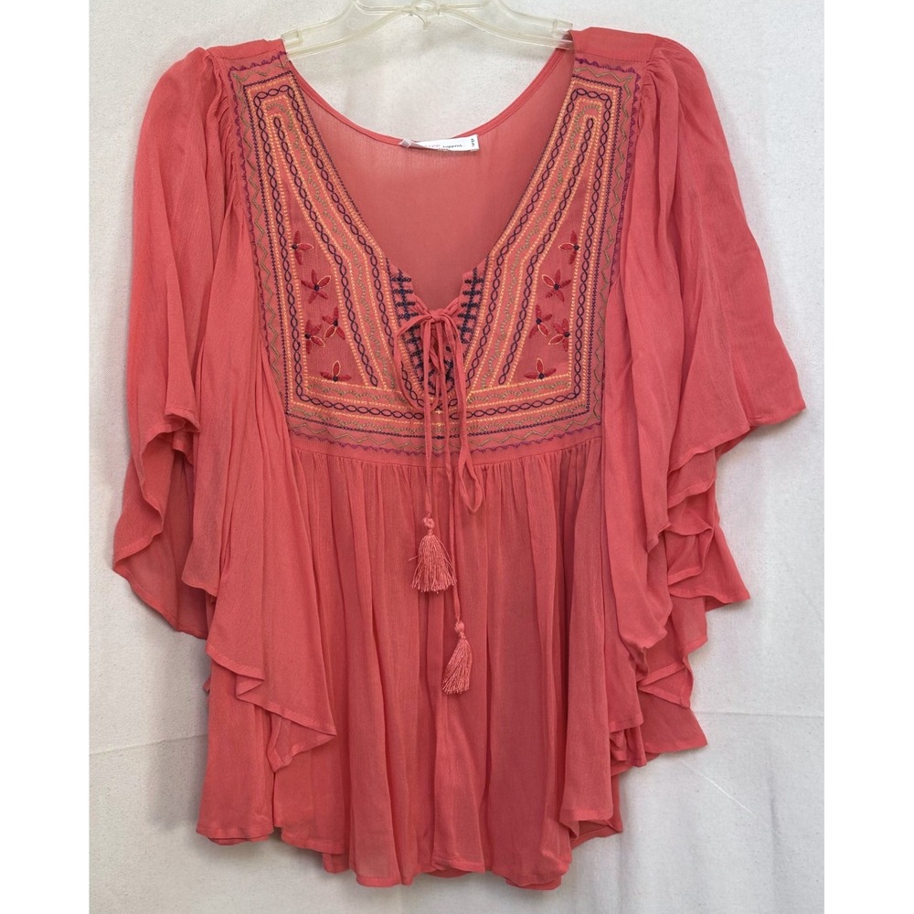 Love Tree Boho Embroidered Tunic Top L Coral Flutter Sleeve Lace Up Flowy Hippie